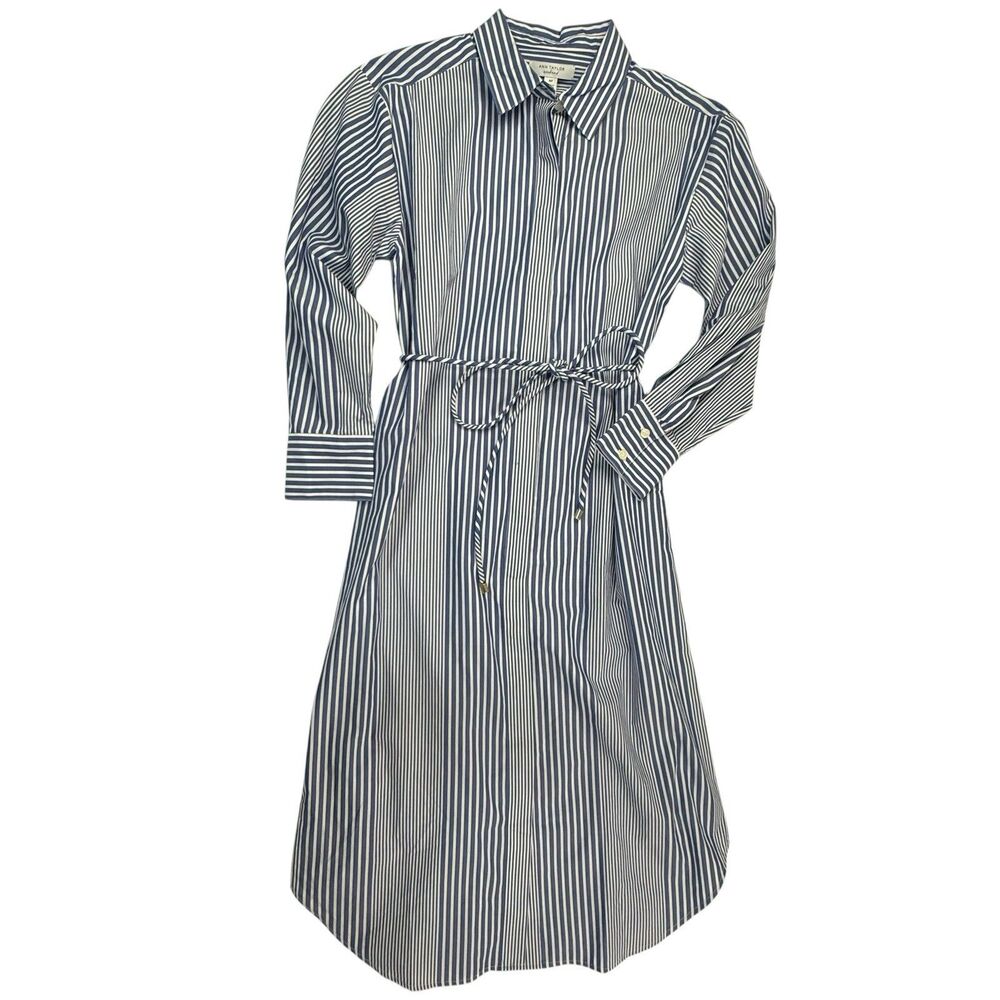 NEW Ann Taylor Weekend Striped Maxi Shirt Dress MP Blue Long Sleeve Tie NWOT
